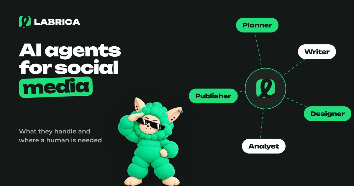 AI Agents for Social Media: What They Handle on Their Own, Where a Human Is Needed, and How to Build a Virtual Content Team, an illustration by LABRICA