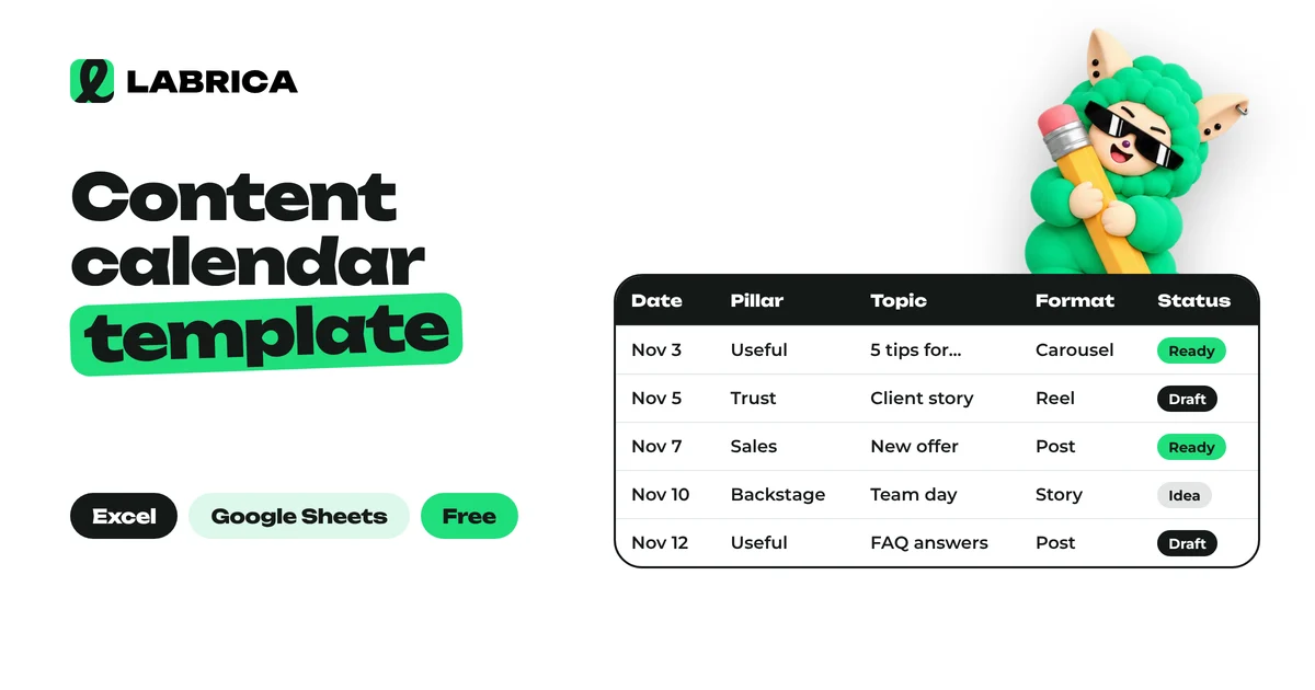 Social Media Content Calendar Template: Free Excel and Google Sheets Spreadsheet, Monthly Example and How to Fill It In, an illustration by LABRICA