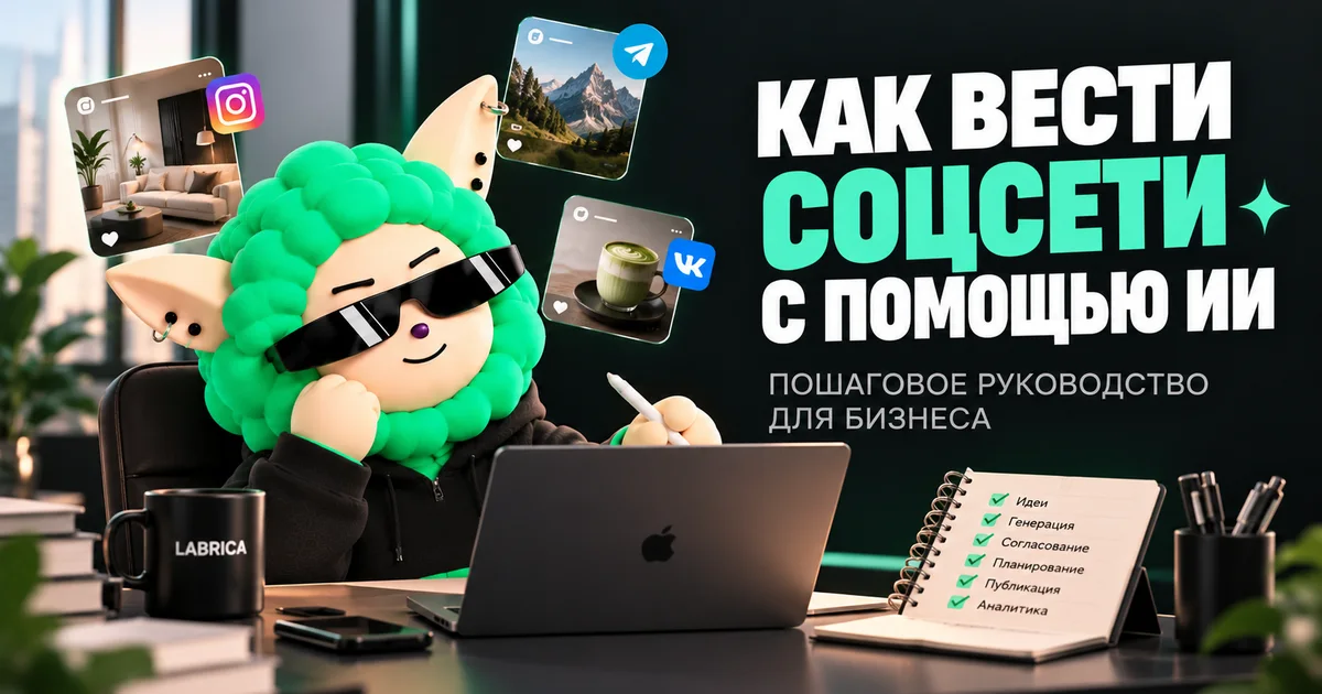«Как вести соцсети с помощью ИИ: пошаговое руководство для бизнеса» — иллюстрация к материалу LABRICA