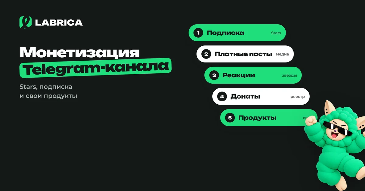 «Монетизация Telegram-канала в 2026 году: Stars, платная подписка, донаты, реклама и свои продукты» — иллюстрация к материалу LABRICA